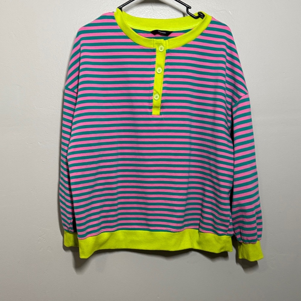 XOXO Neon Yellow Trim Pink and Teal Striped Long Sleeve Top